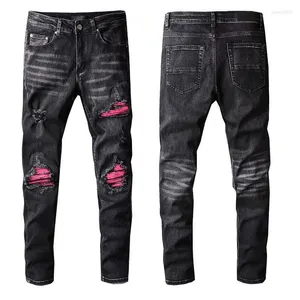 Men's Jeans Men's High Street Fashion Brand Casual Black Ripped Male Red Patch Stretch Slim Denim Pants For Men 806Men's