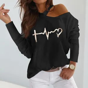 Women's T-Shirt Fashion Funny Heart Rate Line Printed Blouses Women Solid Off Shoulder Shirts Casual V Neck Long Sleeve Tops Blusas Y Camisa