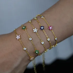 New Arrived Cz Station Link Chain Flower Charm Bracelet 15+4cm Extend Chain Cute Lovely Women Girl Fashion Bracelets