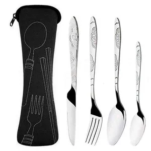 4Pcs Steel Knifes Fork Spoon Set Family Travel Camping Cutlery Eyeful Four-piece Dinnerware Set with Case Portable Tableware Y220530