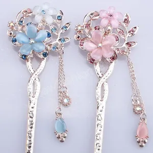 Cat Eye Stone Hairpins Double Flower Rhinestone Hair Clip Vintage Chinese Style Barrette Elegant Women Hair Accessory