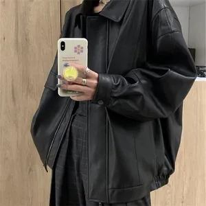 Lautaro Spring Autumn Cool Retro Casual Oversized Black Waterproof Soft Faux Leather Jackets for Women Zipper Elastic Waist 220815