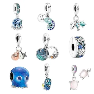 2022 Brand New Summer Blue Ocean 925 Sterling Silver Starfish Shell Clip Beads for Pandora Charm DIY Jewelry Bracelet Gift Octopus Pendant