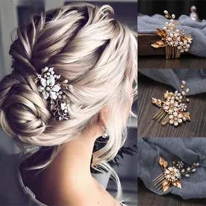 Gold Color Pearl Crystal Flower Leaf Hair Comb Band Hairpin For Women Bride Wedding Bridal Hair Accessories Jewelry Headpiece