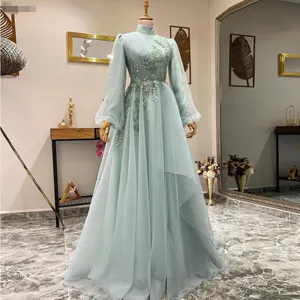Light Blue A-Line Evening dress gowns for Women high neck Formal Elegant Beading Flowers lace Tulle Muslim Prom Dresses Long Ball Gown with Sleeves