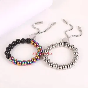 Europe America Fashion Style Men Women Lady Pull-type Colored Steel Ball Engraved V Letter Flower Round Beads Chain Bracelet