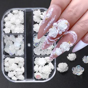 White Rose Flower Nail Decoration 6Grids About 90pcs Per Box 3D Camellia Nails Stickers