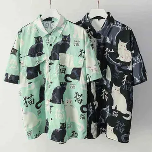 Summer high quality Mens Hawaiian Shirt 3D animal black cat Printed Short lapel Sleeve Big Size Hawaii Men Beach Floral Shirts Y220411