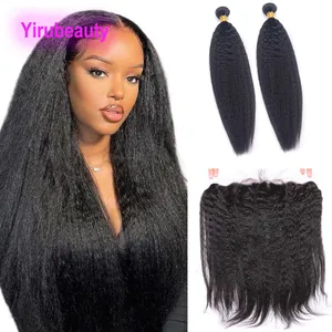 Brazilian Human Virgin Hair Extensions 2 Bundles With 13X4 Lace Frontal Three Pcs Kinky Straight Yaki Peruvian Indian Malaysian 10-30inch