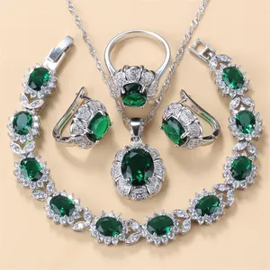 Manny&Della Women's Jewelry Set, 925 Silver Cubic Zirconia Bridal Necklace, Green Zircon Earrings, Charm Bracelet & Ring for Wedding