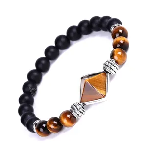 Beaded Strands Natural Stone Tiger' Eye Bracelets for Women Round Beaded Healing Crystal pyramid Charms Stretch Bracelet Protection