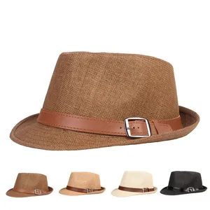 Men Party Top Hat Summer Paper Straw Jazz Fedora Hats with Belt Buckle Breathable Outdoor Travel Beach Sun Protection Cap