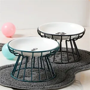 Fashion Ceramic Pet Bowl Iron holder Shelf Stand porcelain Bowl Feeding Food Bowls for Dog and Cat 210320