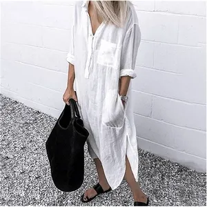 Plus Size Cotton Linen Women's Dress White Casual Female Long Shirt Dresses Spring Summer Fashion Beach Lady Clothing 220406