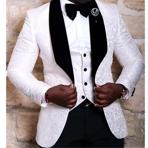 White Floral Mens Suits Wedding Groom Tuxedo Slim Fit Groomsman Prom Party Suits 3 pieces (Jacket+Pants+vest)