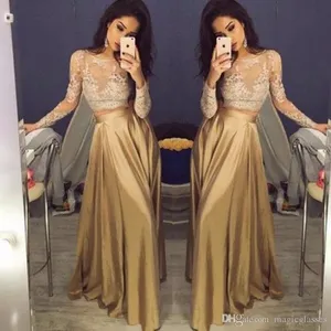 Cheap Crop Top Two Piece Prom Dresses Sexy Sheer Lace Applique Jewel Neck Long Sleeve Illusion Gold A-Line Taffeta Evening Party Gowns