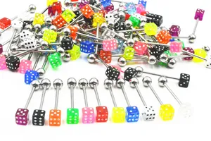 100pcs Stainless Steel Dice Colorful Tongue Nipple Rings Bars Body Piercing jewelry Free shippment Body Jewelry 14gx19mm