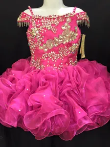 2016 Girls Pageant Dresses with Straps and Crystals Real Pictures Tiered Ruffled Organza Cupcake Girls Gowns Off Shoulder