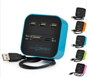 MultiColor All in 1 One Multi-card Card Reader with 3 ports USB 2.0 hub Combo for MMC/M2/MS Wholesale from Factory