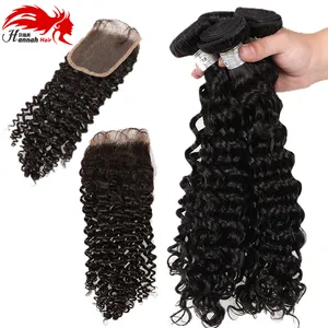 3 Bundles Deep Wave Human Hair Weave With Closure 7A Peruvian Body Wave With Closure Unprocessed Cheap Human Hair With Closure