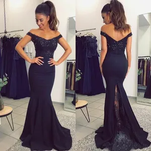 Lovely Dark Navy Mermaid Country Bridesmaids Dresses Lace Off The Shoulder Wedding Guest Dress Beaded Cheap Appliqued Maid Of Honor Gowns