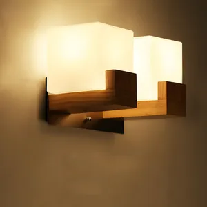 Contracted Japanese Wooden Corridor Wall Lamp Chinese Bedroom Wall Sconce White Acrylic Cube Bedsides Stair Case Wall Lighting Fixtures