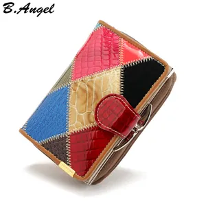 New Candy Color Pattern Joint Wallet Cowhide Genuine Women Short Wallets Girl Women Purse Card Holder Fashion Leather Coin Purse