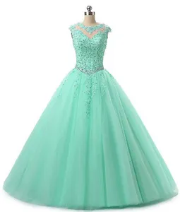 Sweet 16 Quinceanera Pageant Dresses Lace Applique Tulle Ball Gown Prom Dresses Long Vestidos 15 anos Keyhole Back Debutante Masquerade Gown