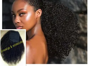3c 4a Afro Kinky Curly Ponytails hair extension for black women african long Clips 100% Human bun puff virgin color #1