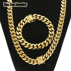 High Quality Stainless Steel Jewelry Sets 18K Gold Plated Dragon Latch Clasp Cuban Link Necklace & Bracelets For Mens Curb Chain 1.4cm Wide