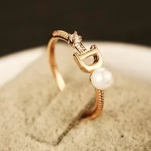 European Brand Gold Plated Letter D Ring Fashion Pearl Ring Vintage Charms Rings for Wedding Party Vintage Finger Ring Costume Jewelry