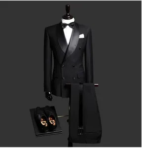 Handsome Shawl Lapel Groomsmen Double-Breasted Groom Tuxedos Black Men Suits Wedding/Prom/Dinner Man Blazer Jacket Pants Tie