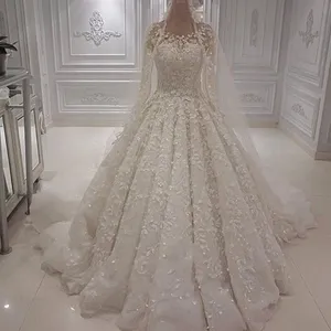 Long Sleeves Lace Wedding Dresses Sexy Jewel Neck Beaded Appliques Ball Gown Bridal Dress Glamorous Saudi Arabia Tulle Long Wedding Gowns