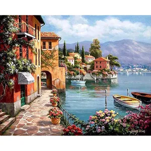 DIY Painting by Numbers Harbor Village Drawing With Brushes Paint for Adults Beginner Level 40x50cm (16 * 20 inch) 3 Styles Select