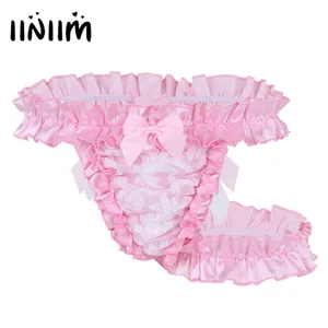 iiniim Gay Mens Lingerie Panties Lace Frilly Satin Ruffled High Cut G-string Thong Briefs Underwear Underpants with Thigh Garter