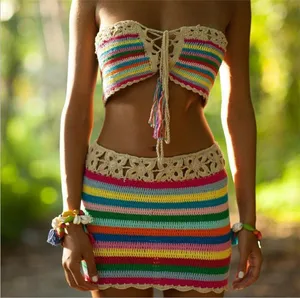 New Fashion Women Color Stripe Swimwear Crochet Sexy Bikini Set Beachwear Bandage Crop Top Boho Swimsuit