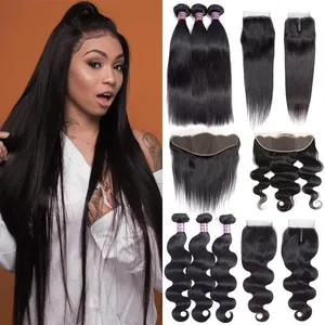 10A Human Virgin Hair Brazilian Remy Straight 28 30 Bundles With Lace Closure Body Deep Water Wave Jerry Kinky Curly Weft And 13X4 Frontral Pre Plucked Ear To Ears