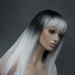 Long Straight Wig with Bangs White Hair Sythetic Black Wigs For Women High Temperature Fiber Club Wig Cosplay