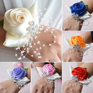 Rose Pearl Wrist Corsage Bridesmaid Hand Flowers Artificial Bride Flowers For Wedding Party Decoration Bridal Prom S6076