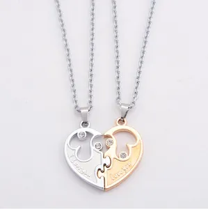 Engrave Heart Crystal Pendant Necklace Letter Matching CZ Couple Lovers Necklaces Women Men Chain Elegant Love Jewelry 2 Pcs/Set