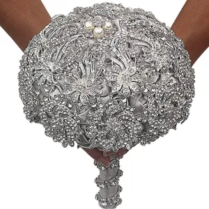 Luxury Crystal Pearls Wedding Flowers Bridal Silver Bouquet Brooch Bride Flowers Favors Hand Holding Decoration Handmade