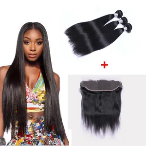 Brazilian Straight Human Virgin Hair Weaves 3 bundles With Lace Frontal 13x4 Ear To Ear Lace Frontal Double Wefts Natural Black Hair
