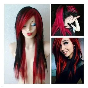 Women Ultra Sexy Scene Wig Black Mixed Wine Red Blonde Rainbow Emo Hair Long Wig