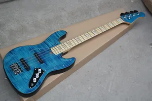 Factory Custom Blue 4-string Electric Bass Guitar with Flame Maple Veneer,Transparent Pickguard,Chrome Hardware,Offer Customized