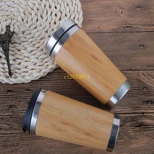 100pcs 15oz Stainless Steel Bamboo Water Bottle Vacuum Insulated Coffee Travel Mug Leakproof Tea Cups Wood Outdoors Mugs Bamboo Tumbl