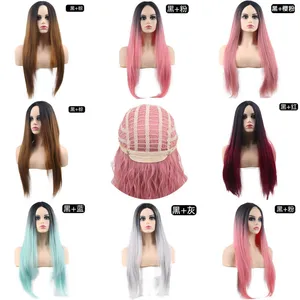 24 inch Ombre Green Straight Long Synthetic Wigs For Women Grey Pink Brown Wigs Cosplay Wigs Middle Part Nature Wig
