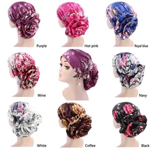 New Women Floral Silk Turban Hat India Cap Muslim Hats Hairnet Chemo Cap Flower Bonnet Beanie for Girl