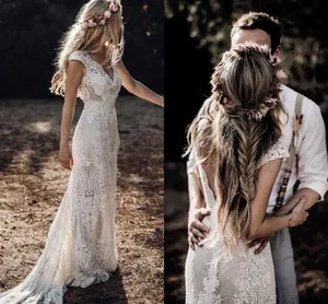 Vintage Mermaid Backless Bohemian Wedding Dresses V-neck Cap Sleeve Crochet Cotton Lace Countryside Woodland Bridal Gown