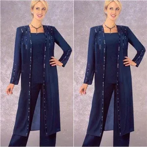 Elegant Grandmother of the Bride Custom Pant Suit with Long Crystal Square Neck Jacket