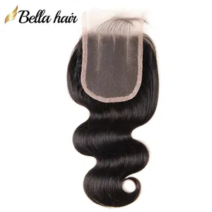 Malaysian 3 Part Lace Closure Virgin HumanHair Piece 4x4 Body Wave Top Lace Closure with Baby Hair Natural Color Bella Hair
